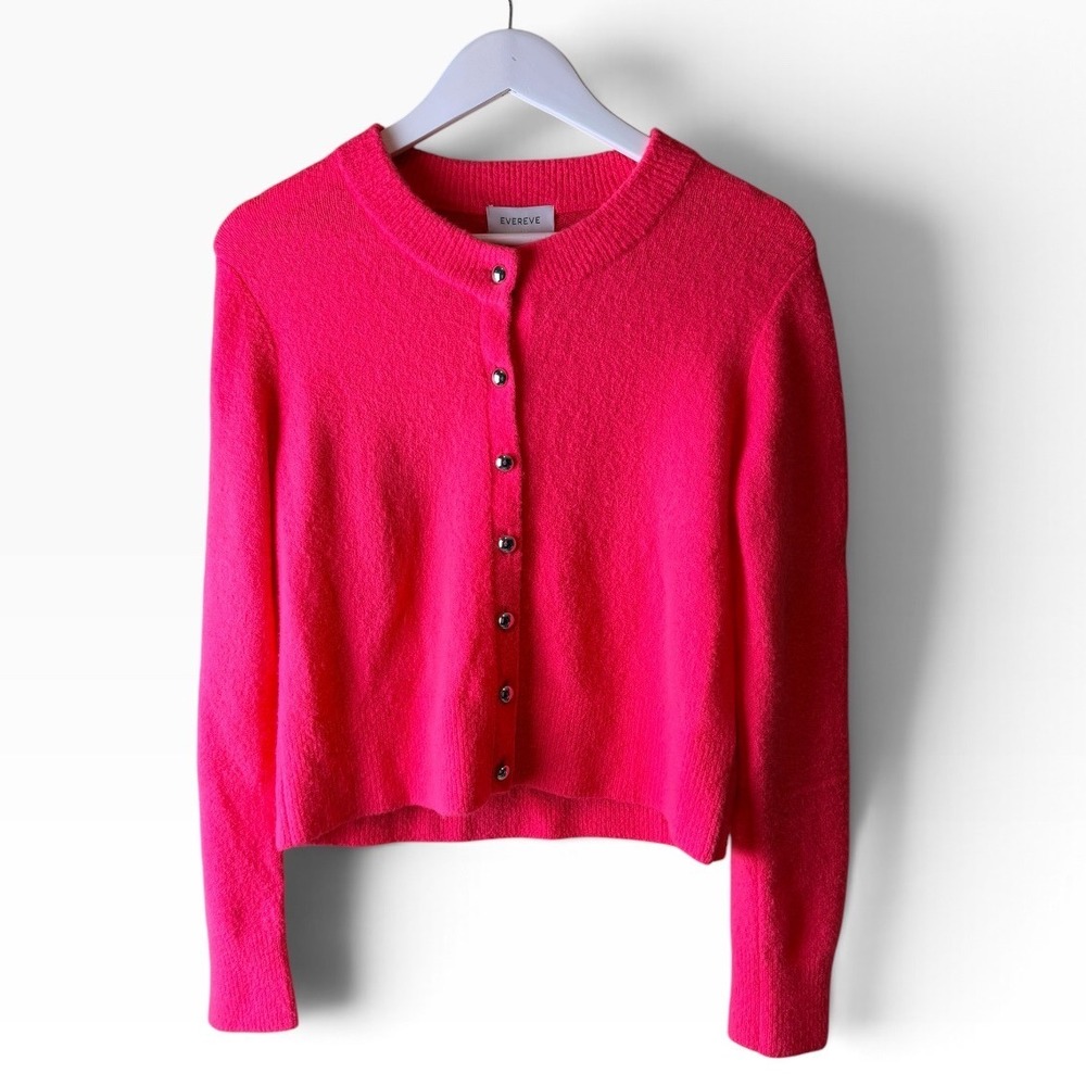 Evereve Womens XS Hot Pink Cardigan Sweater Neon Silver Button Crew Neck